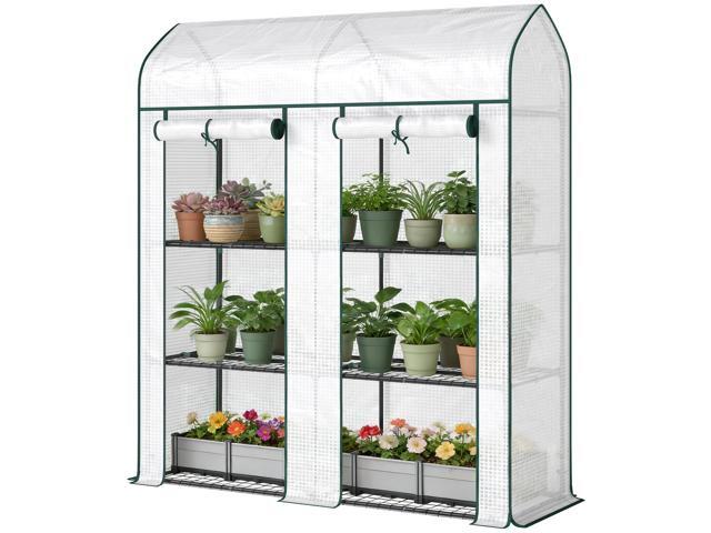 Aosom 3 Tier Mini Greenhouse, Small Portable Greenhouse with 2 Roll-up Doors, 56.3' x 18.1' x 65', White