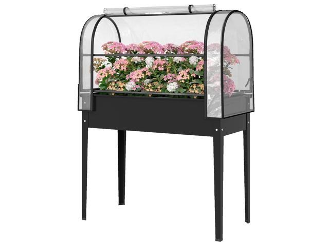Aosom Raised Garden Bed with Flip-Up Greenhouse Cover, Metal Elevated Garden Bed with Legs and Drainage Hole, Black