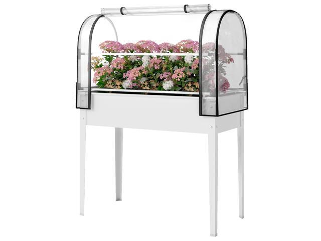 Aosom Raised Garden Bed with Flip-Up Greenhouse Cover, Metal Elevated Garden Bed with Legs and Drainage Hole, White