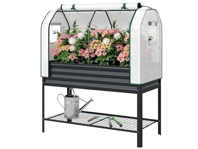 Aosom Galvanised Raised Garden Bed with Greenhouse Cover, Metal Elevated Garden Bed with Bed Liner, Bottom Shelf, Black
