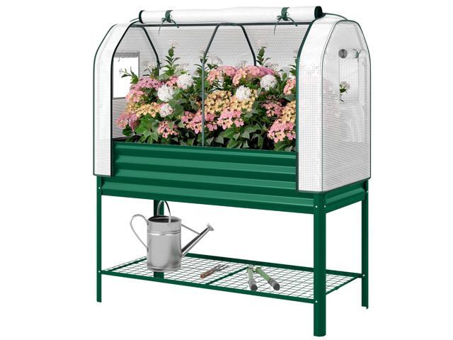 Aosom Galvanised Raised Garden Bed with Greenhouse Cover, Metal Elevated Garden Bed with Bed Liner, Bottom Shelf, Green