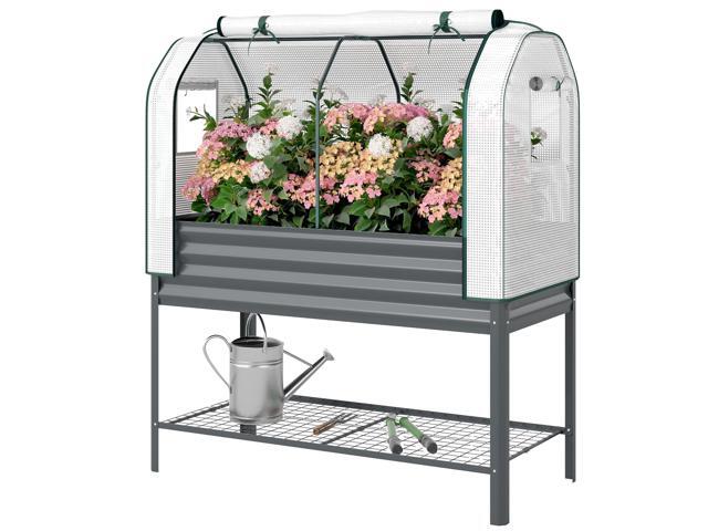 Aosom Galvanised Raised Garden Bed with Greenhouse Cover, Metal Elevated Garden Bed with Bed Liner, Bottom Shelf, Dark Gray