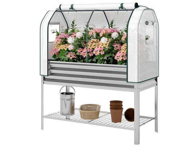 Aosom Galvanised Raised Garden Bed with Greenhouse Cover, Metal Elevated Garden Bed with Bed Liner, Bottom Shelf, Silver