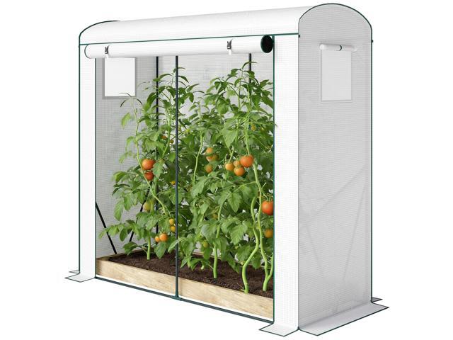 Aosom Mini Greenhouse, Portable Greenhouse with Roll-Up Door and 2 Mesh Windows, PE Cover, 78.7' x 29.5' x 74', White