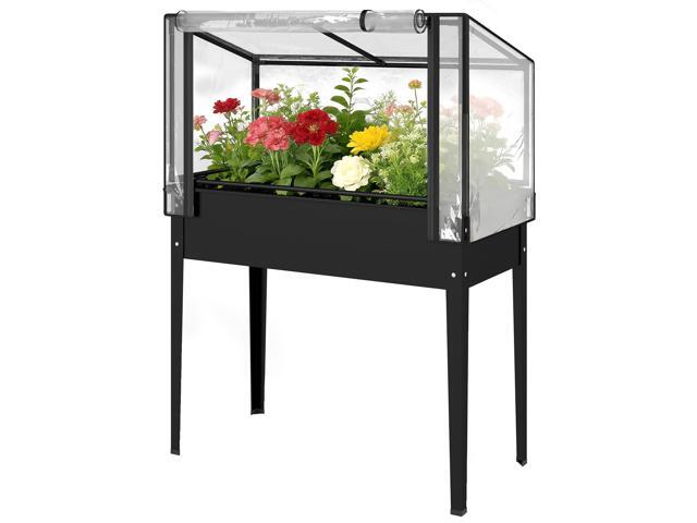 Aosom Raised Garden Bed with Flip-Up Greenhouse Cover, Metal Elevated Garden Bed with Legs and Drainage Hole, Black