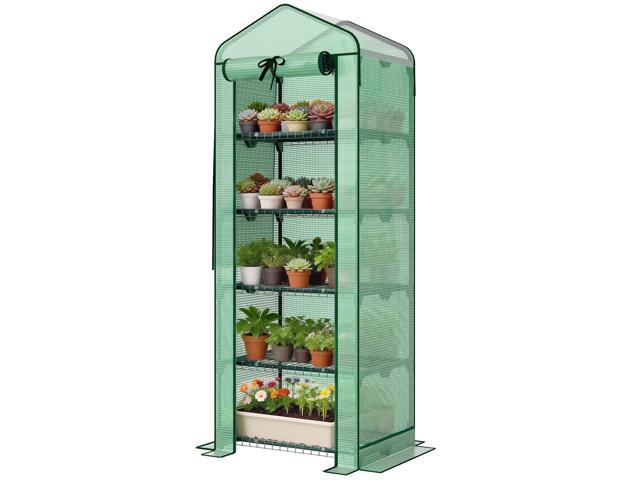 Aosom Mini Greenhouse with Screen Roof, 5 Tier Portable Small Greenhouse with High Strength PE Cover, Green