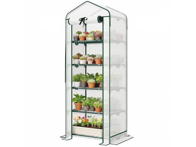 Aosom Mini Greenhouse with Screen Roof, 5 Tier Portable Small Greenhouse with High Strength PE Cover, White
