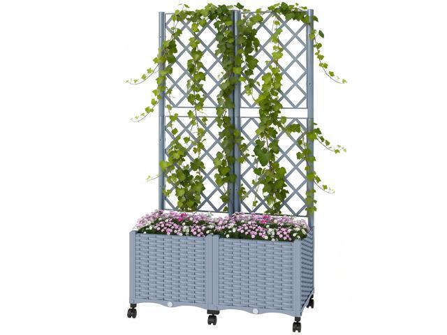 Aosom Planter Box with Trellis, Self Watering Raised Garden Bed with Lockable Wheels and Drainage Holes, Gray