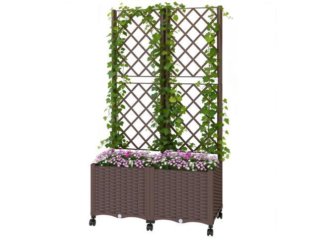 Aosom Planter Box with Trellis, Self Watering Raised Garden Bed with Lockable Wheels and Drainage Holes, Brown