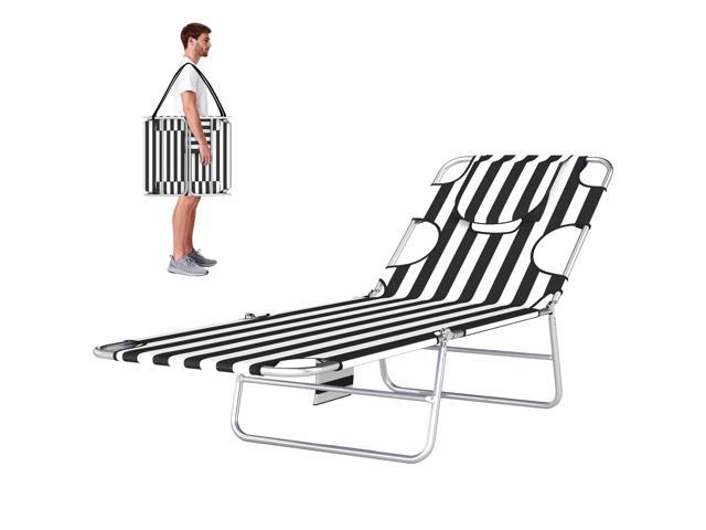 Aosom Tanning Chair with Face Hole, 5-Level Adjustable Outdoor Chaise Lounge Chair with Pillow for Beach, Pool, Black Stripe