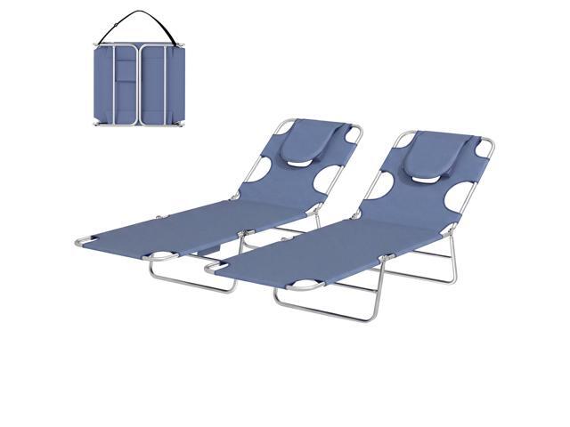 Aosom 2 Tanning Chairs with Face Hole, 5-Level Adjustable Outdoor Chaise Lounge Chair with Pillow for Beach, Pool, Gray
