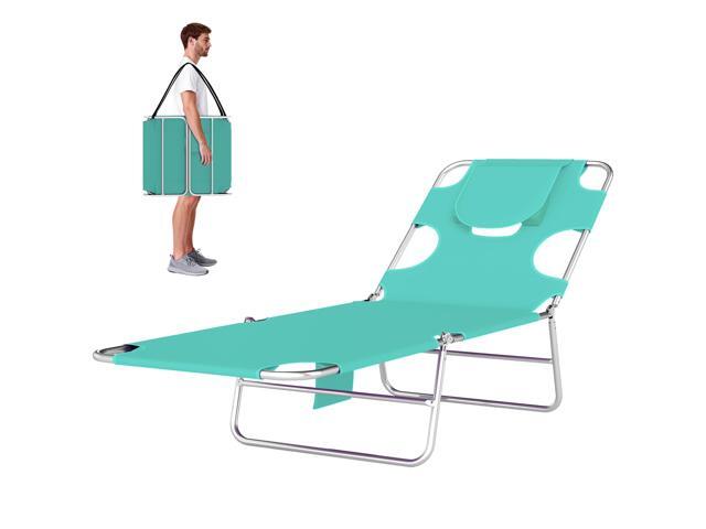 Aosom Tanning Chair with Face Hole, 5-Level Adjustable Outdoor Chaise Lounge Chair with Pillow for Beach, Pool, Light Green