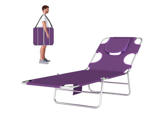 Aosom Tanning Chair with Face Hole, 5-Level Adjustable Outdoor Chaise Lounge Chair with Pillow for Beach, Pool, Purple