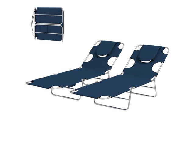 Aosom 2 Tanning Chairs with Face Hole, 5-Level Adjustable Outdoor Chaise Lounge Chair with Pillow for Beach, Pool, Dark Blue