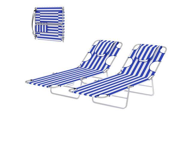 Aosom 2 Tanning Chairs with Face Hole, 5-Level Adjustable Outdoor Chaise Lounge Chair with Pillow for Beach, Pool, Blue Stripe