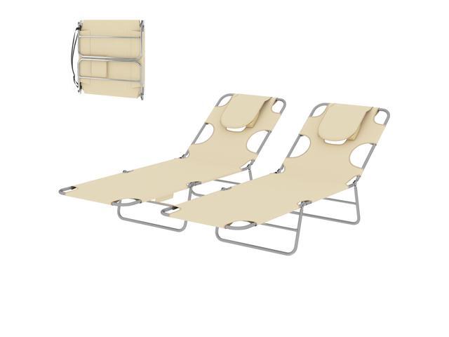 Aosom 2 Tanning Chairs with Face Hole, 5-Level Adjustable Outdoor Chaise Lounge Chair with Pillow for Beach, Pool, Beige