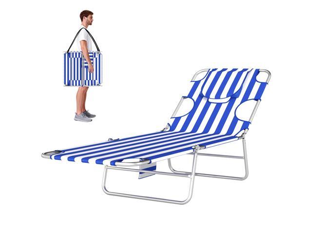 Aosom Tanning Chair with Face Hole, 5-Level Adjustable Outdoor Chaise Lounge Chair with Pillow for Beach, Pool, Blue Stripes