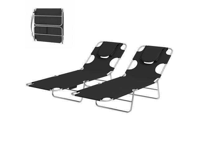 Aosom 2 Tanning Chairs with Face Hole, 5-Level Adjustable Outdoor Chaise Lounge Chair with Pillow for Beach, Pool, Black