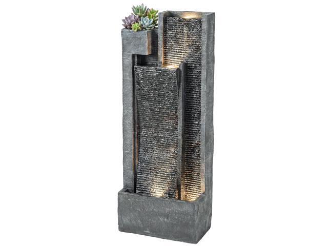 Aosom 40' Tall Outdoor Waterfall Fountain with LED Lights and Planter, 3-Tier Cascading Waterfall Feature with Pump, Dark Gray