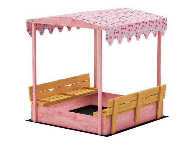 AosomQaba Wooden Sandbox with Cover, Kids Sandbox Outdoor with Seat, Bottom Liner, Canopy for Ages 3-6, Flamingos Print, Pink