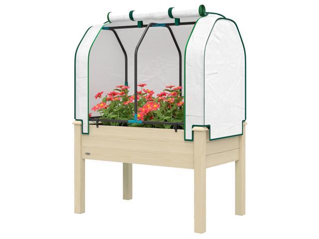 Aosom Raised Garden Bed with PE Greenhouse Cover Outdoor Planter Box for Herbs and Vegetables, 35 x 22 x 47 inch, Natural