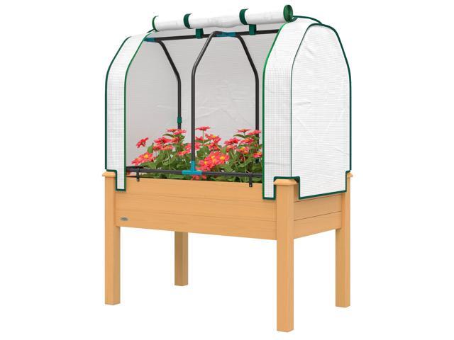 Aosom Raised Garden Bed with PE Greenhouse Cover Outdoor Planter Box for Herbs and Vegetables, 35 x 22 x 47 inch, Sand