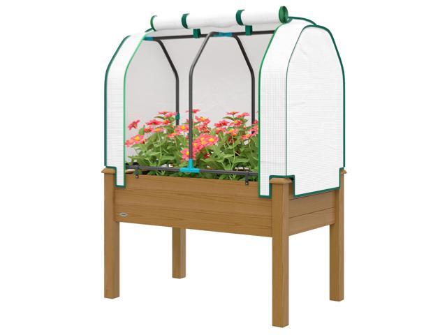 Aosom Raised Garden Bed with PE Greenhouse Cover Outdoor Planter Box for Herbs and Vegetables, 35 x 22 x 47 inch, Brown