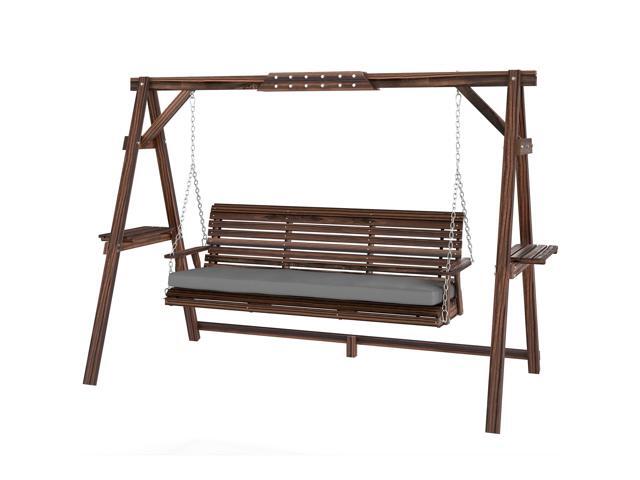 Aosom 3 Seat Wooden Porch Swing with Stand, Patio Swing with Cushion, for Garden, Poolside, Backyard, Carbonized Brown