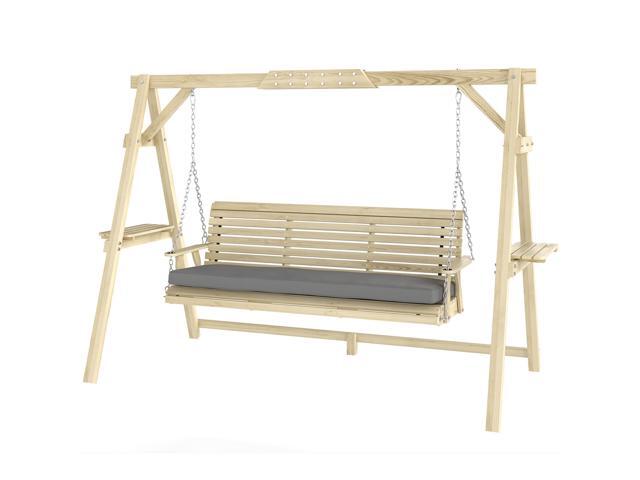 Aosom 3 Seat Wooden Porch Swing with Stand, Patio Swing with Cushion, for Garden, Poolside, Backyard, Natural Wood