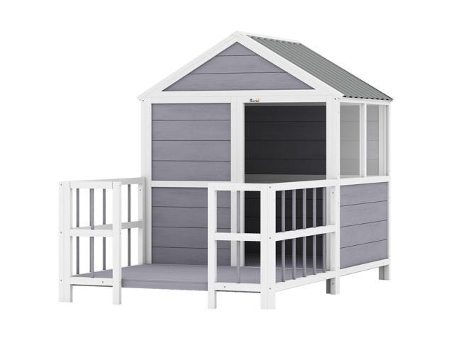 Aosom Outdoor Dog House, 61'L Wooden Dog House with Porch, Weatherproof Roof, Elevated Base, Air Vents & Observation Windows
