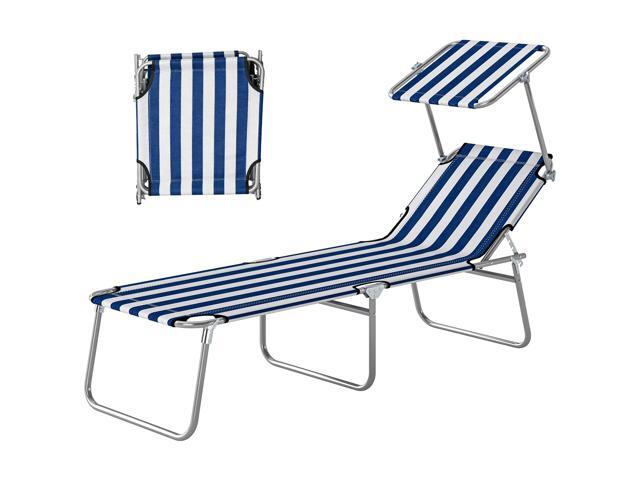 Aosom Outdoor Pool Chaise Lounge Chair, Folding Tanning Chair with Sun Shade, Blue and White