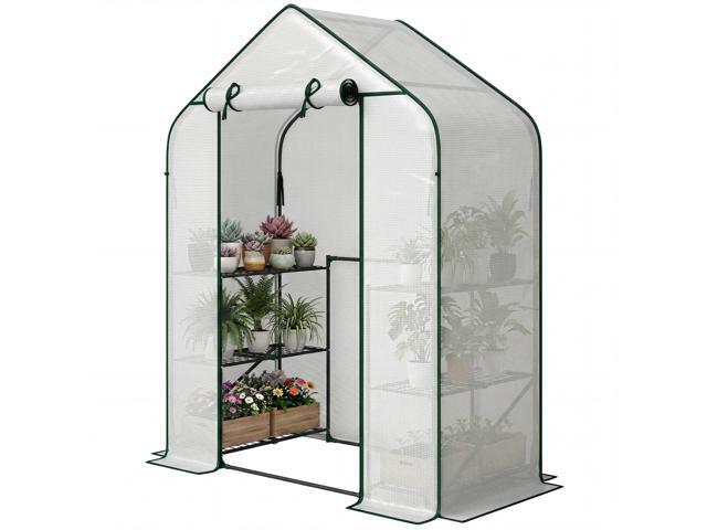 Aosom Greenhouse for Outdoors, Portable Greenhouse with 6 Shelves, UV-resistant PE Cover, Roll-up Door, White