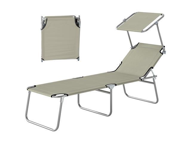 Aosom Outdoor Pool Chaise Lounge Chair, Folding Tanning Chair with Sun Shade, Cream White