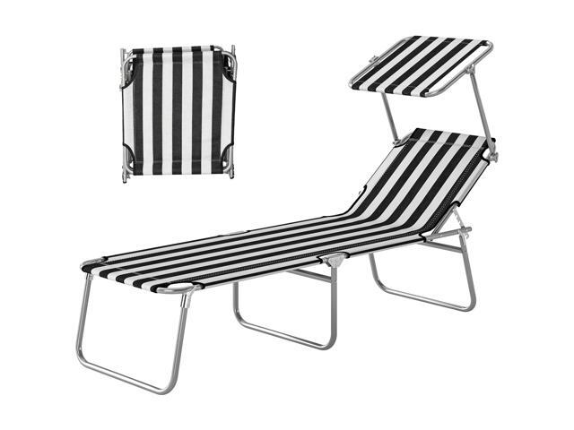 Aosom Outdoor Pool Chaise Lounge Chair, Folding Tanning Chair with Sun Shade, Black and White