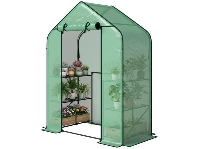 Aosom Greenhouse for Outdoors, Portable Greenhouse with 6 Shelves, UV-resistant PE Cover, Roll-up Door, Green
