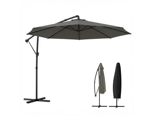Aosom 10 ft Offset Patio Umbrella with Cover, Hanging Cantilever Umbrella with 360° Rotation, Crank Handle, Tilt, Gray