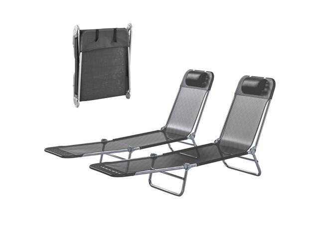 Aosom 2 Piece Sun Loungers, Folding Chaise Lounge Chairs with Reclining Back, Breathable Mesh Seat, Headrest, Black