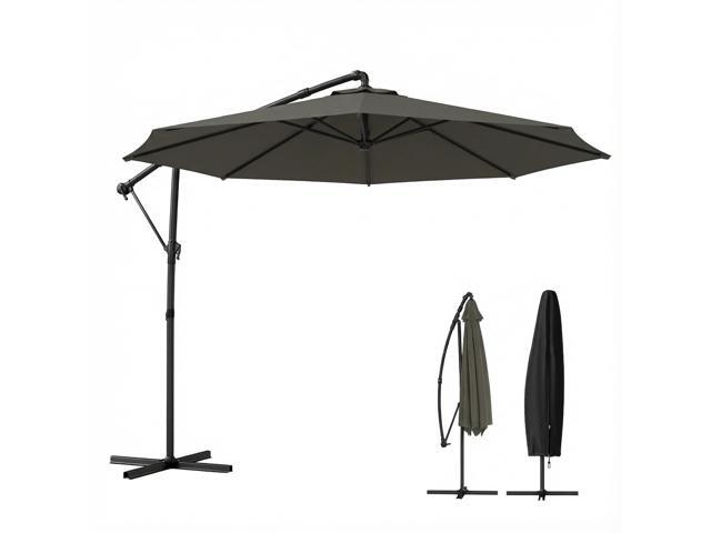 Aosom 10 ft Offset Patio Umbrella with Cover, Hanging Cantilever Umbrella with 360° Rotation, Crank Handle, Tilt, Tan