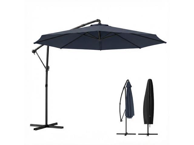 Aosom 10 ft Offset Patio Umbrella with Cover, Hanging Cantilever Umbrella with 360° Rotation, Crank Handle, Tilt, Navy Blue