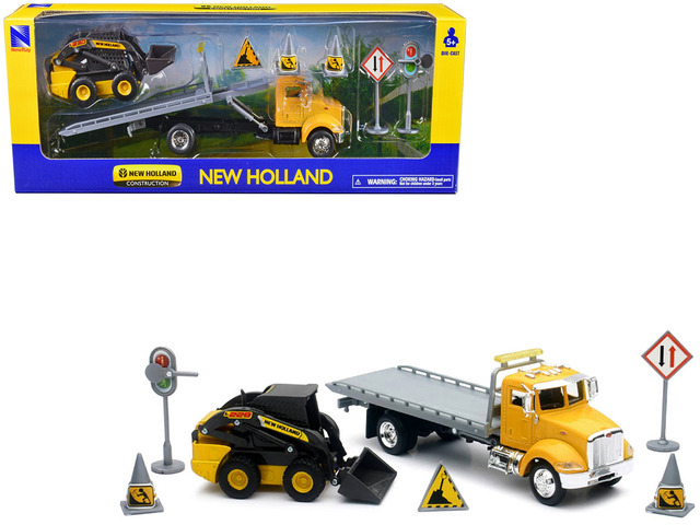 Peterbilt Roll-Off Flatbed Truck Yellow and New Holland L228 Skid Steer Yellow with Road Signs 'New Holland Construction' Series 1/43 Diecast Model...