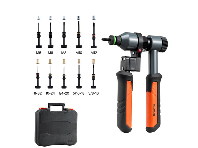 VEVOR Rivet Nut Tool Kit, 9-Inch Ratchet Rivnut Tool Kit, with 10 Mandrels and 100 Nuts, Metric and SAE Size M5, M6, M8, M10, M12, 8-32, 10-24,...