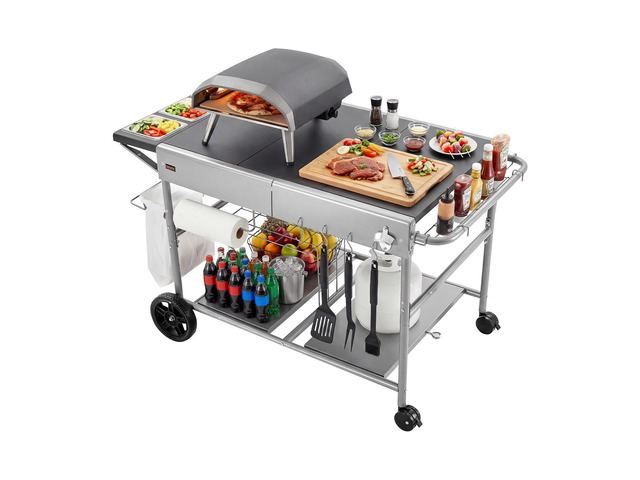 VEVOR Outdoor Grill Cart, Grilling Table, Movable Outdoor Cooking Table with 4 Spice Containers, Wheels, Lids, Hooks, BBQ Prep Tables for Picnic,...