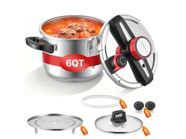 VEVOR Pressure Cooker, 6.3Qt Pressure Cooker Stainless Steel, Pressures Canner with Steaming Rack, Tempered Glass Lid, Three Pressures Settings for...