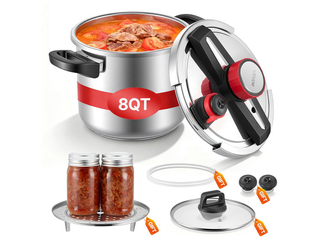 VEVOR Pressure Cooker, 8Qt Pressure Cooker Stainless Steel, Pressures Canner with Steaming Rack, Tempered Glass Lid, Three Pressures Settings for...