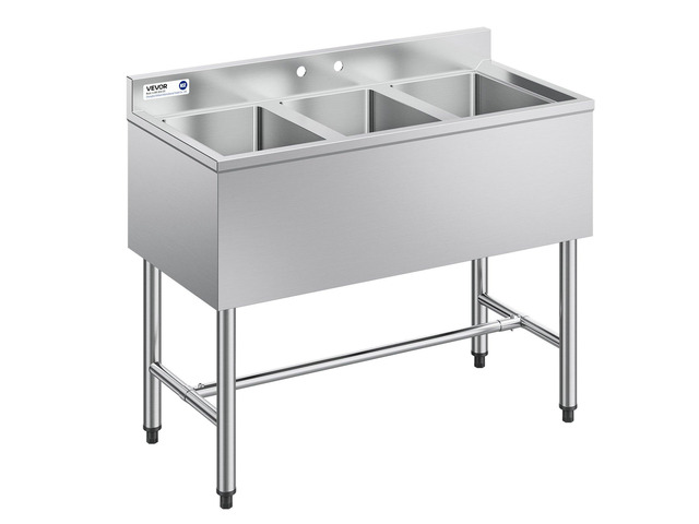 VEVOR 3 Compartment Sink, 18-Gauge 304 Stainless Steel, 10' x 14' x 10' Bowl Size, 3 Bay Commercial Under Bar Sink with Backsplash and Efficient...