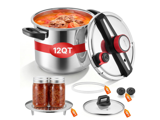 VEVOR Pressure Cooker, 12Qt Pressure Cooker Stainless Steel, Pressures Canner with Steaming Rack, Tempered Glass Lid, Three Pressures Settings for...