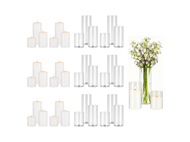 VEVOR Pillar Candles and Glass Vases Set 36 Pcs, Clear Cylinder Hurricane Candle Holders for Wedding Centerpieces, Tall Vase for Table Decor,...
