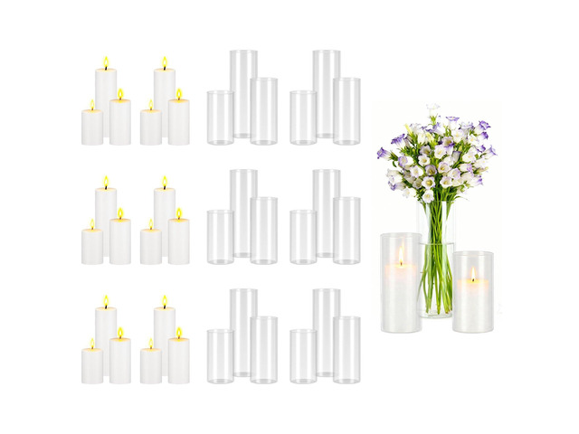 VEVOR Pillar Candles and Glass Vases Set 36 Pcs, Clear Cylinder Hurricane Candle Holders for Wedding Centerpieces, Tall Vase for Table Decor,...