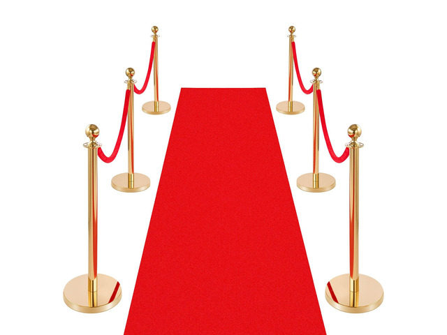 VEVOR Stanchion Post, 6 Pcs Crowd Control Barrier Set with Red Carpet, 4 Red Velvet Ropes, Stainless Steel Gold Stanchion Post Queue with Hollow...