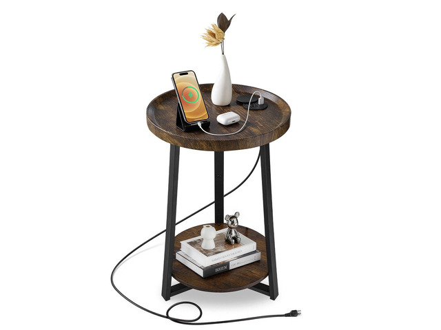 VEVOR End Table, 2-Tier Round Side Table with Open Storage Shelves, Modern Nightstand Bedside Desk with USB & AC Charging Port, Wood Sofa Coffee...